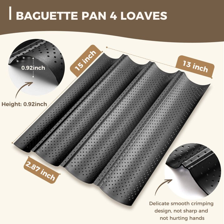 KITESSENSU Nonstick Baguette Pans for Baking, Perforated 4 Loaves French Bread Pan, Heavy Duty Baguette Baking Pans, Non Toxic Stainless Steel Baguette Tray for Oven, 15" x 13", Black