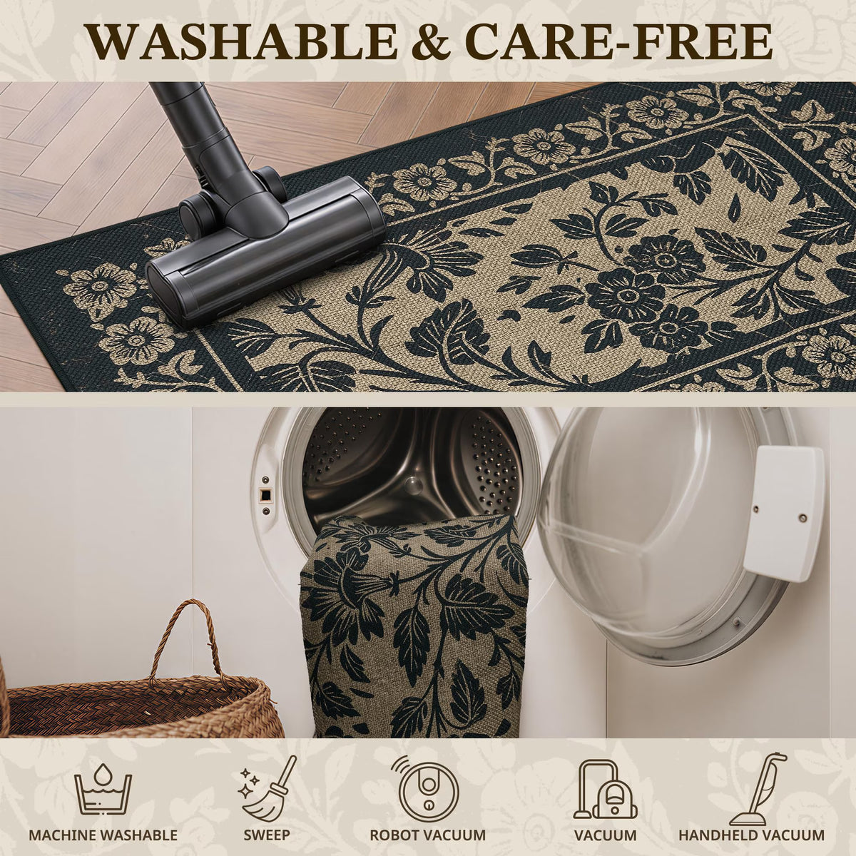 MatEssenz Washable Runner Rug 2'x4', Non-Slip Low-Pile Kitchen Entryway Rug, Absorbent Pet-Friendly Vintage Floral, Black/Tan