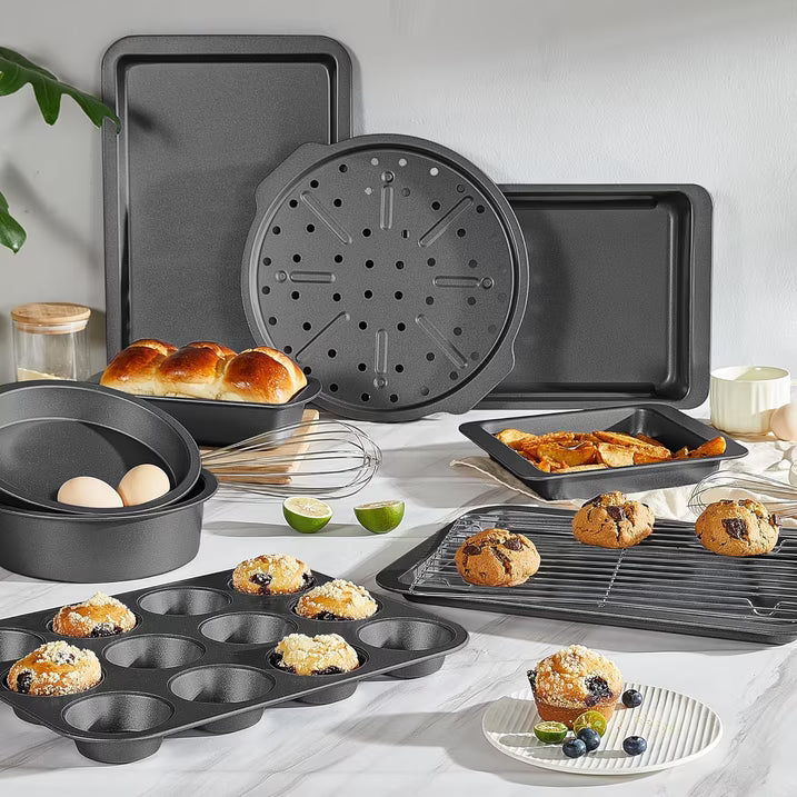 HONGBAKE 29-Pcs Nonstick Carbon Steel Bakeware Set, Baking Pan Set with Baking Sheets, Cake Pans, Loaf Pan & Muffin Pan, Grey