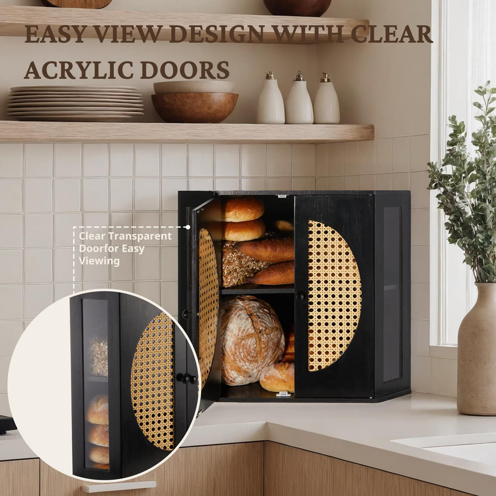 Double Layer Corner Bread Box for Kitchen Counter with Height-adjustable Partition, Black Bamboo Wooden Bread Box for Multiple Loaves, Modern Breadbox for Kitchen Countertop -Large