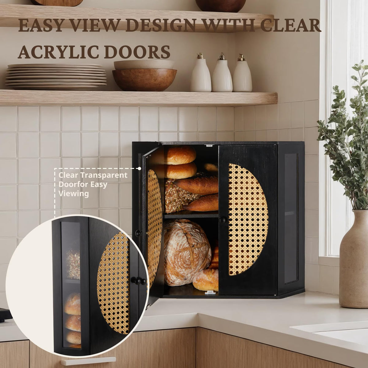 Double Layer Corner Bread Box for Kitchen Counter with Height-adjustable Partition, Black Bamboo Wooden Bread Box for Multiple Loaves, Modern Breadbox for Kitchen Countertop -Large