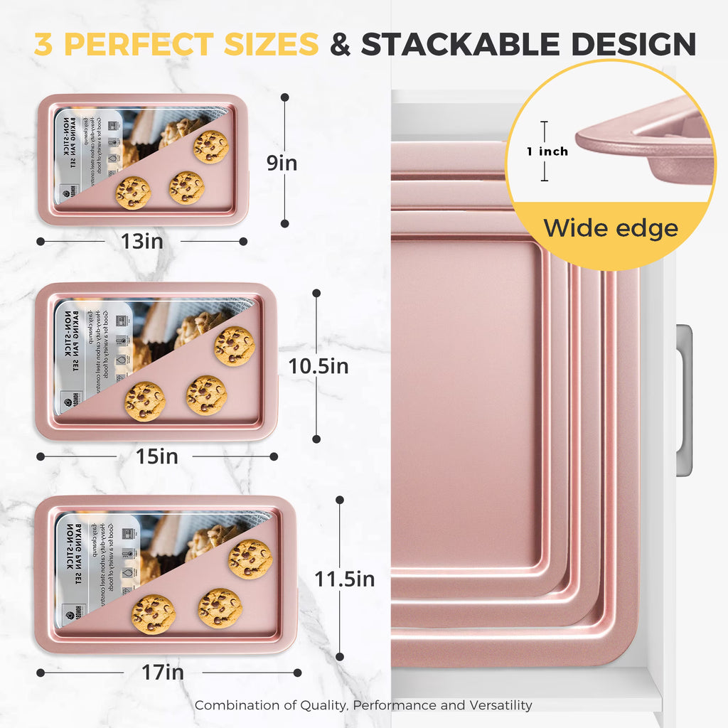 HONGBAKE Baking Sheet Pan, Cookie Sheet Pans for Baking, Cookie Sheets Nonstick Sets, Baking Trays for Oven, Baking Sheets for Oven with Wider Grips, Dishwasher Safe (3 Pack), Pink