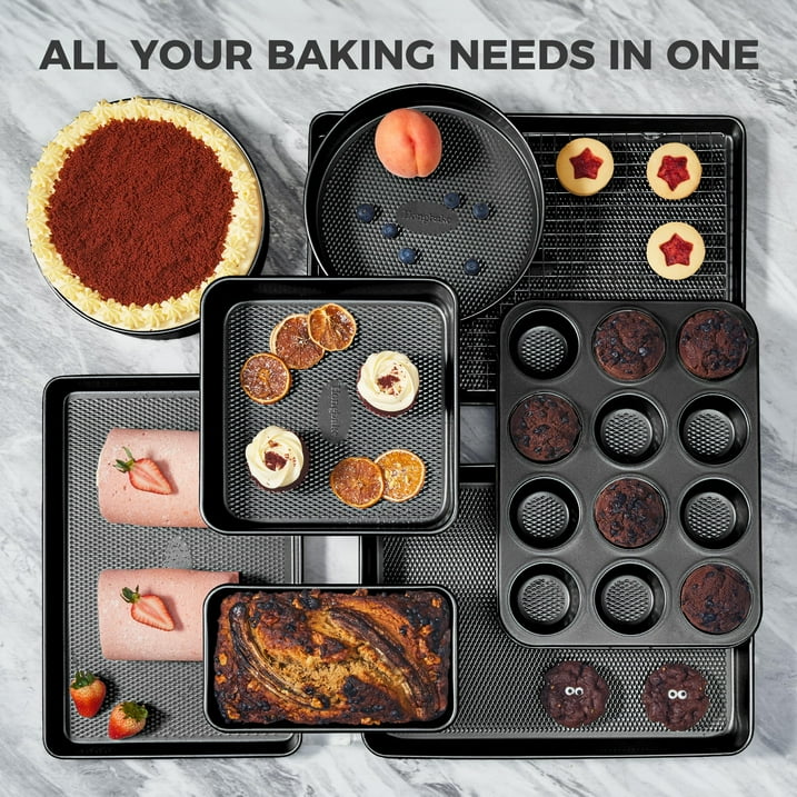 HONGBAKE 9-Piece Baking Pans Set Nonstick, Stackable Non Toxic Bakeware Sets with Diamond Texture, Oven Pan Set for Cooking, Includes Cookie Sheet with Rack, Cake Pan, Roasting Pan, Muffin Pan, Grey