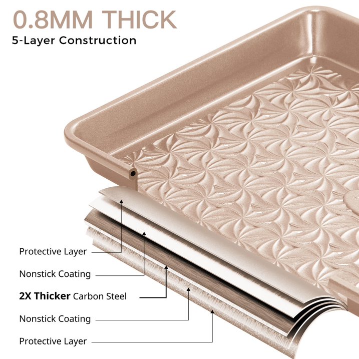 HONGBAKE Nonstick Baking Sheet Pan Set of 3, Cookie Sheets for Oven, Non-Toxic Half/Quarter/Jelly Roll Pans with Floral Swirl Texture, Heavy Duty 0.8mm Thick Oven Trays for Cooking, Gold