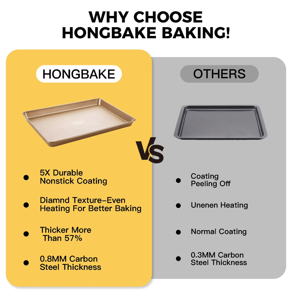 HONGBAKE Half Baking Sheet Pan with Diamond Texture, Non Stick Cookie Sheet for Baking , Heavy Duty Non Toxic Baking Pan for Oven, 17.6" x 12" Baking Trays, Gold