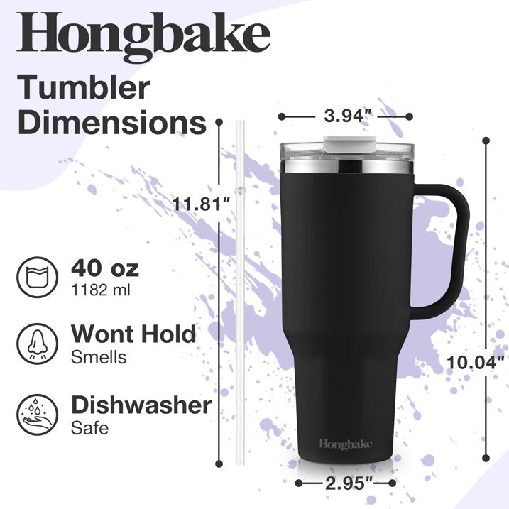 HONGBAKE 40oz Stainless Steel Tumbler with Handle & Straw Lid, Vacuum Insulated Tumbler, Black
