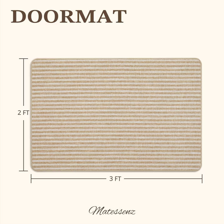 MatEssenz Washable Door Mat 2x3 ft, Inside Welcome Mat, Low Profile Entryway Rug, Neutral Striped Faux Linen, Non-Slip Mudroom & Back Door Mat, Pet Friendly, Khaki