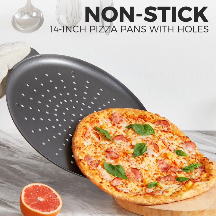 HONGBAKE 2 Pack Pizza Pan 14 Inch with Holes, Nonstick Pizza Pan for Oven, 0.8mm Carbon Steel Perforated Pizza Tray with Wider Handles, Round Baking Sheet for Frozen & Homemade Pizza, Grey