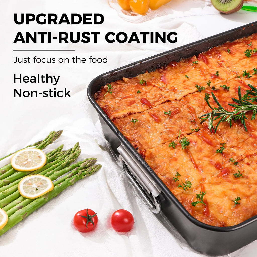 HONGBAKE Lasagna Pan 3 Inch Deep, 15x10" Baking Pan for Oven, Nonstick Cake Baking Dish for Brownie, Roasting Pans with Stainless Steel Handles, Heavy Duty, Dishwasher Safe, Dark Grey