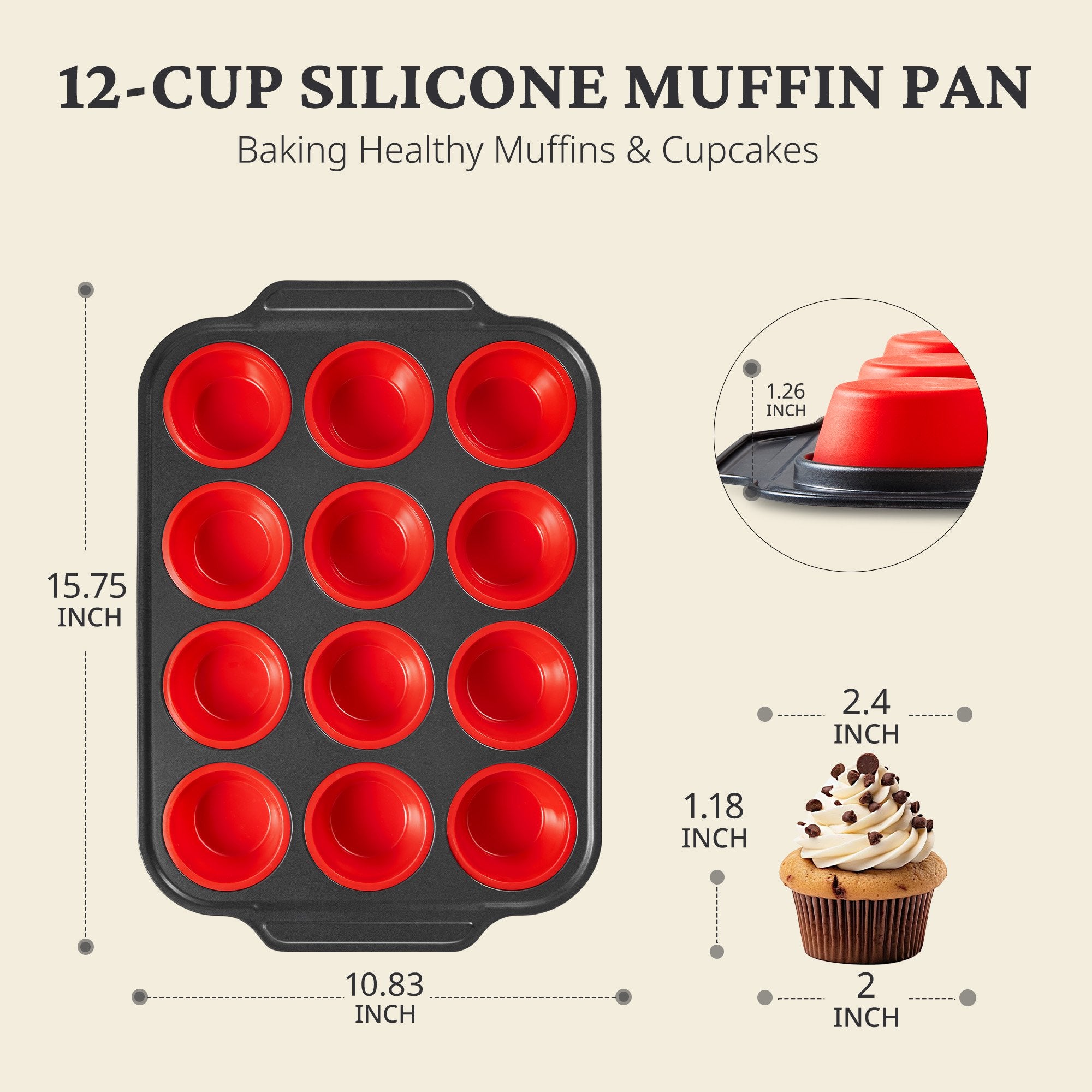 HONGBAKE Silicone Muffin Pan with Metal Frame, Silicone Cupcake Molds 12 Regular Size, Muffin Tin Easy to Pop, Nonstick Egg Bite Molds for Baking, Non Toxic Muffin Tray, Red