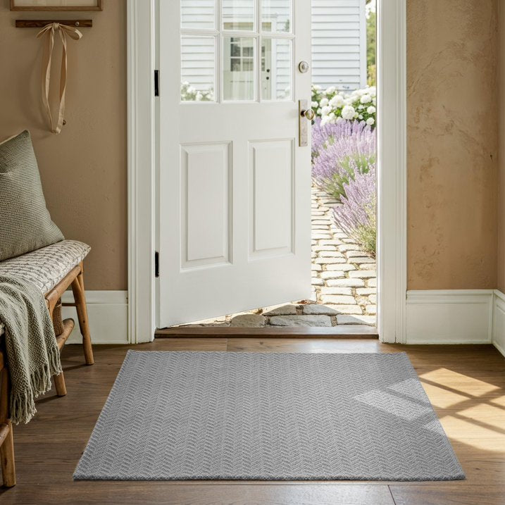 MatEssenz Entryway Rug 2' x 3', Washable Indoor Door Mat, Non Slip Low Profile Area Rug, Durable Herringbone Woven Farmhouse Rug for Front Door, Mudroom, Laundry Room, Grey
