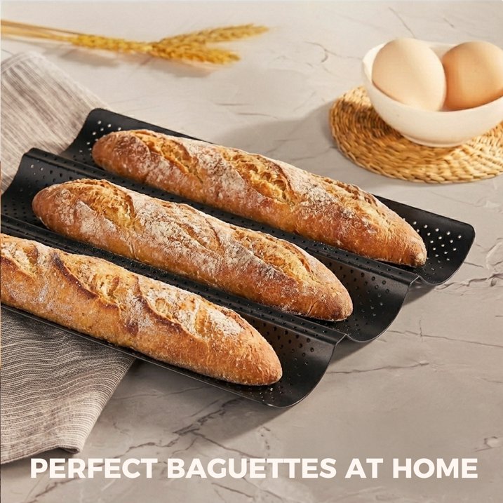 KITESSENSU Nonstick Baguette Pans for Baking, Perforated 3 Loaves French Bread Pan, Heavy Duty Baguette Baking Pans, Non Toxic Stainless Steel Baguette Tray for Oven, 15" x 9", Black