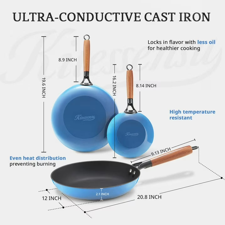 KITESSENSU Enameled Cast Iron Skillet Set of 3 (8/10/12 Inch), Titanium Nonstick Frying Pans with Cool Wooden Handle, Compatible with All Stovetops, Gradual Cobalt Blue