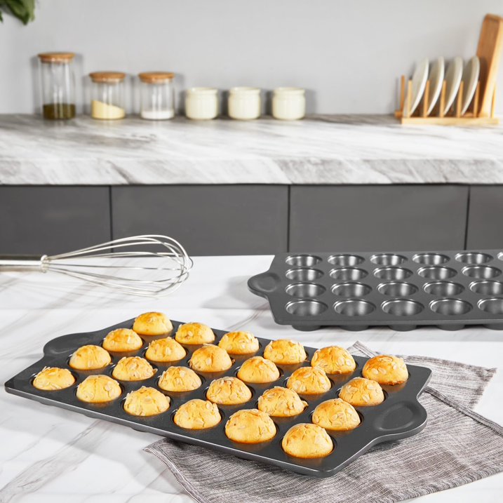 HONGBAKE Mini 24 Ceramic Muffin Pan Set, Nonstick Cupcake Pans with Ear Shaped Wider Grips, Non-toxic, Heavy-duty Small Cheesecake Tray, Gray
