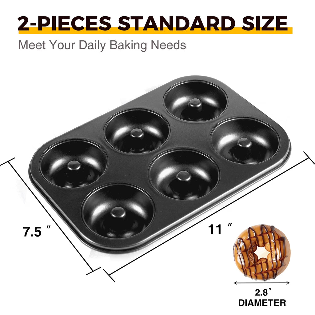HONGBAKE Nonstick Donut Pans For Baked Doughnuts, 2-Pack 6 Cavity Upgraded Deepened Doughnut Pan, Heavy Duty Mini Bagel Pan for Oven - Black