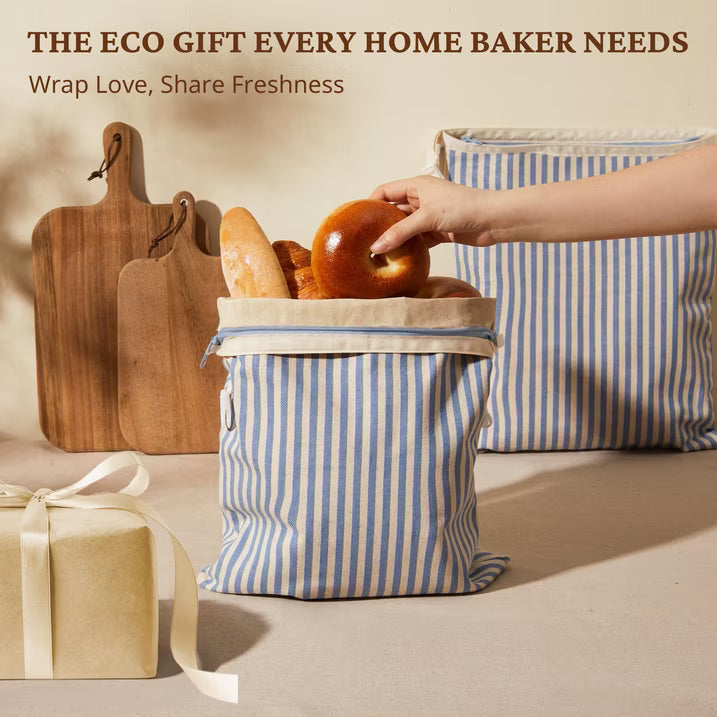 Reusable Beeswax Wrap for Food, 2-Pack Bread Bags with Zipper for Homemade Bread & Sourdough, Large 17x12.6in Wax Wraps, Sustainable Sourdough Loaf Storage to Lock in Freshness, Blue