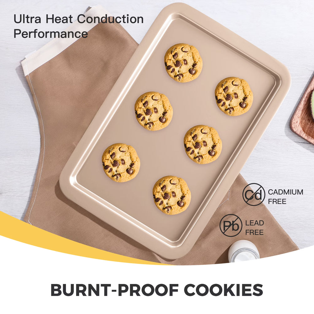 HONGBAKE Baking Sheet Pan, Cookie Sheet Pans for Baking, Cookie Sheets Nonstick Sets, Baking Trays for Oven, Baking Sheets for Oven with Wider Grips, Dishwasher Safe (3 Pack), Gold