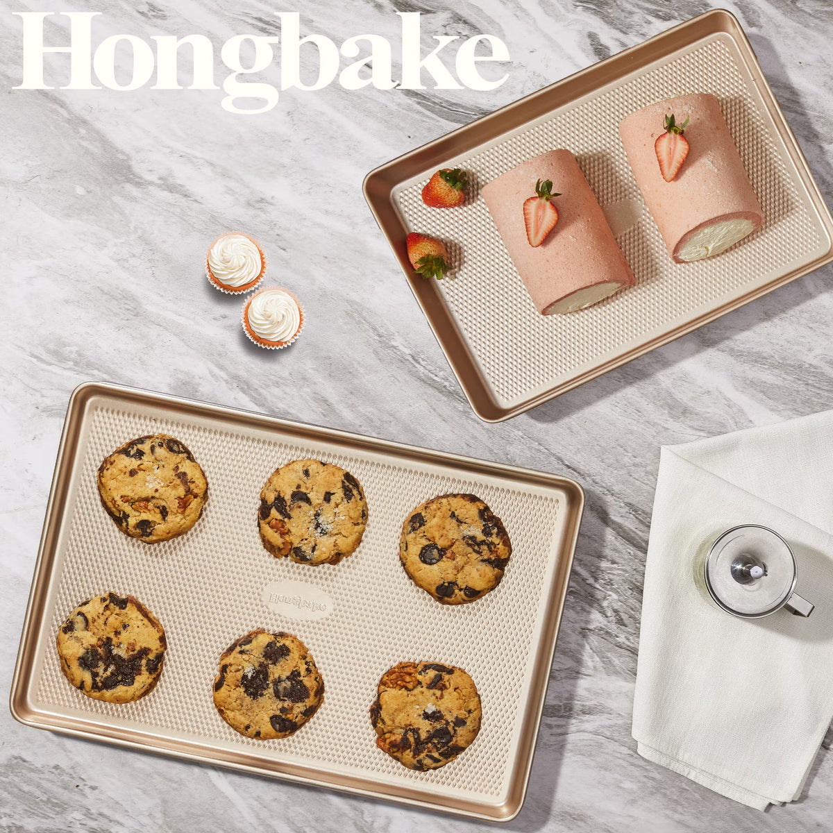 HONGBAKE Jelly Roll Pan 15x10 with Diamond Texture, 2 Pack Cookie Sheet for Baking, Non Stick Baking Sheet Pan for Oven, Heavy Duty Baking Trays Non Toxic, 57% Thicker Carbon Steel, Gold