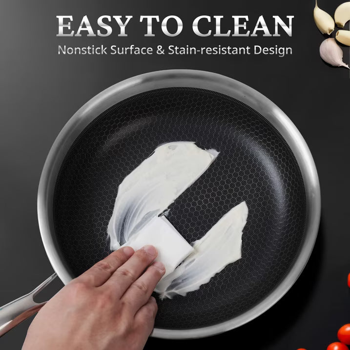 KITESSENSU Stainless Steel Frying Pan with Lid, 11" Nonstick Honeycomb Skillet, Non Toxic Cookware Pan for Induction, Electric and Gas Hob, Dishwasher/Oven Safe