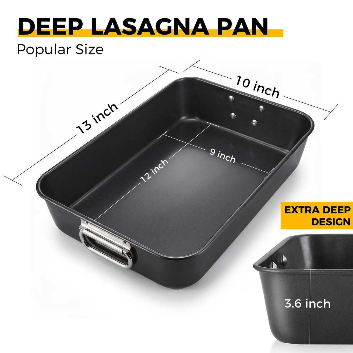 HONGBAKE Lasagna Pan, 9x13 Baking Pan, 3 Inch Deep Baking Pan for Oven, Nonstick Roasting Pan with Stainless Steel Handles, Dark Grey