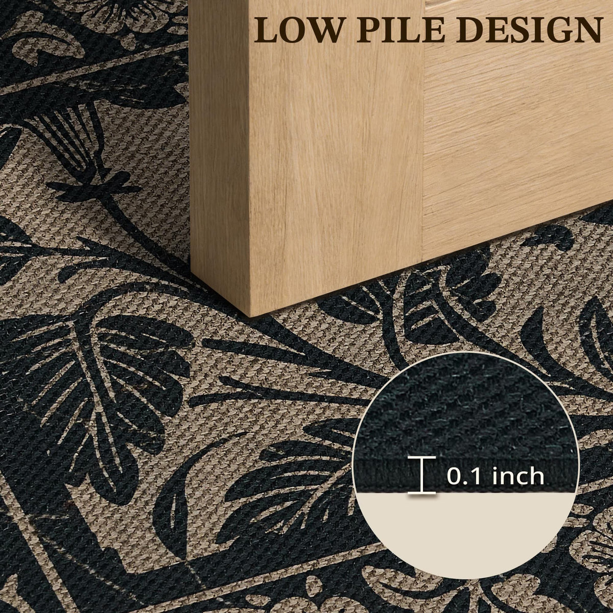 MatEssenz Washable Area Rug 2'x3', Non-Slip Low-Pile Entryway Kitchen Rug, Absorbent Pet-Friendly Vintage Floral, Black/Tan