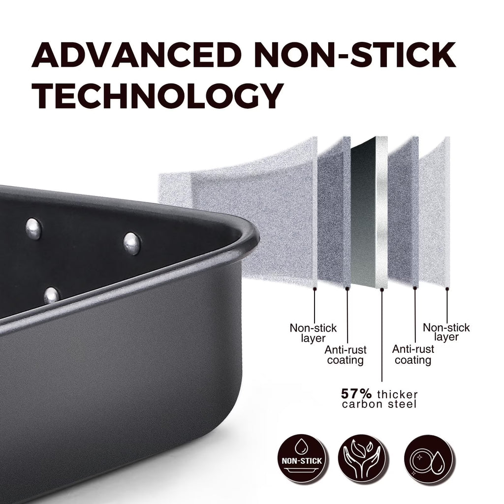 HONGBAKE Nonstick Lasagna Pan 3 Inch Deep, 9x13 Baking Pan, Rectangular Sheet Cake Pan, Roasting Pan for Oven with Stainless Steel Handles, Dishwarsher Safe, Dark Grey
