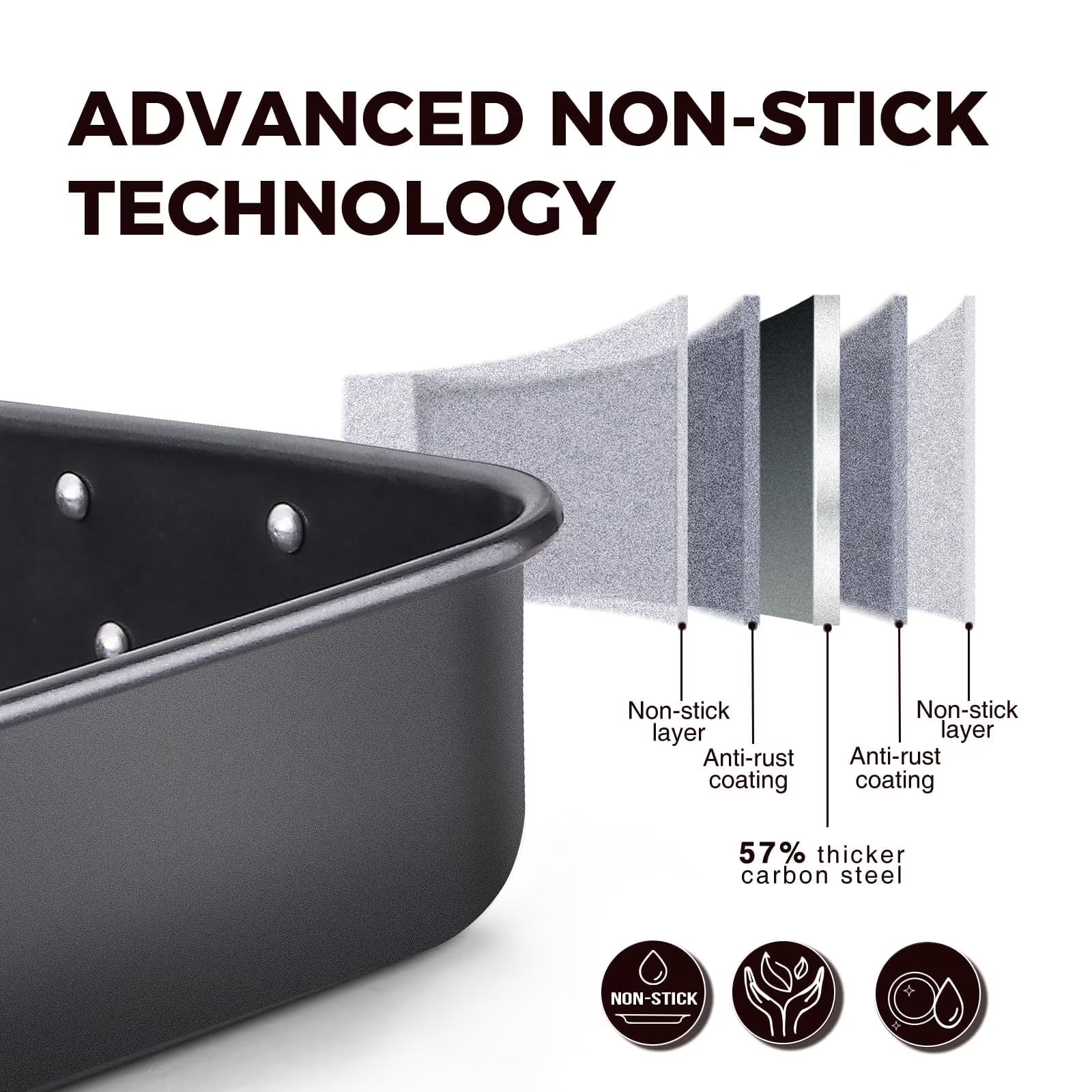 HONGBAKE Nonstick Lasagna Pan 3 Inch Deep, 9x13 Baking Pan, Rectangular Sheet Cake Pan, Roasting Pan for Oven with Stainless Steel Handles, Dishwarsher Safe, Dark Grey