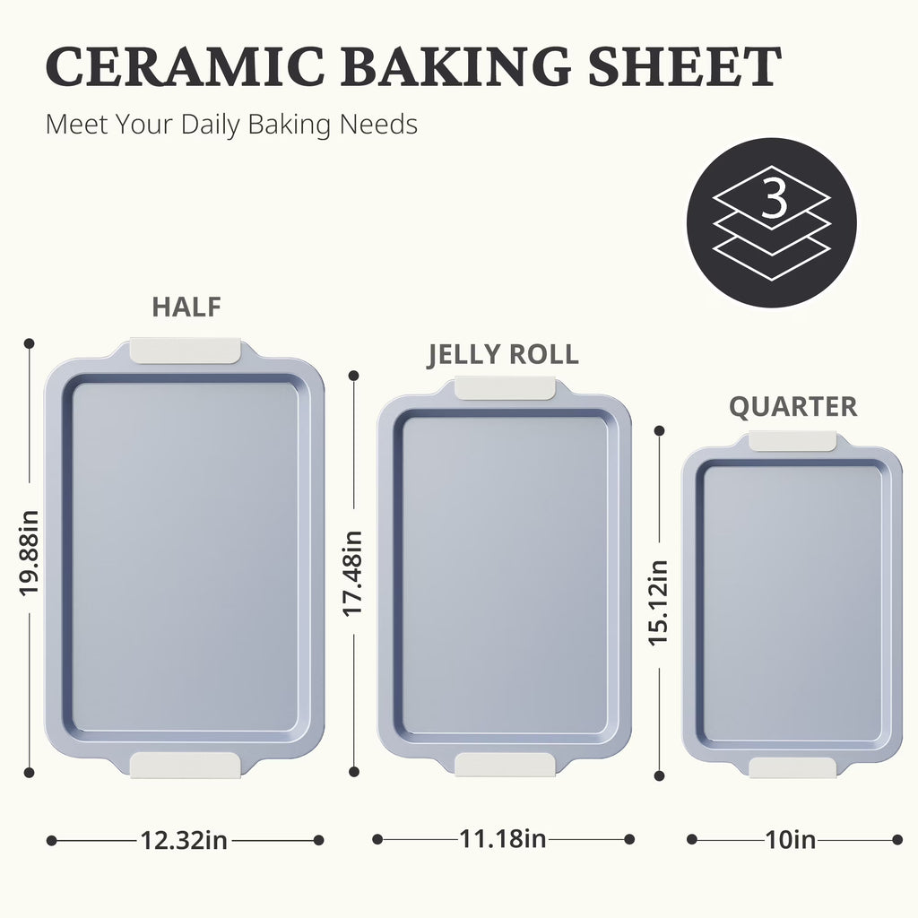 HONGBAKE Non Toxic Ceramic Cookie Sheets for Baking, 3-piece Non Stick Baking Sheet Pans for Oven, Heavy Duty Aluminized Steel Baking Pans Set with Silicone Handles -Cream