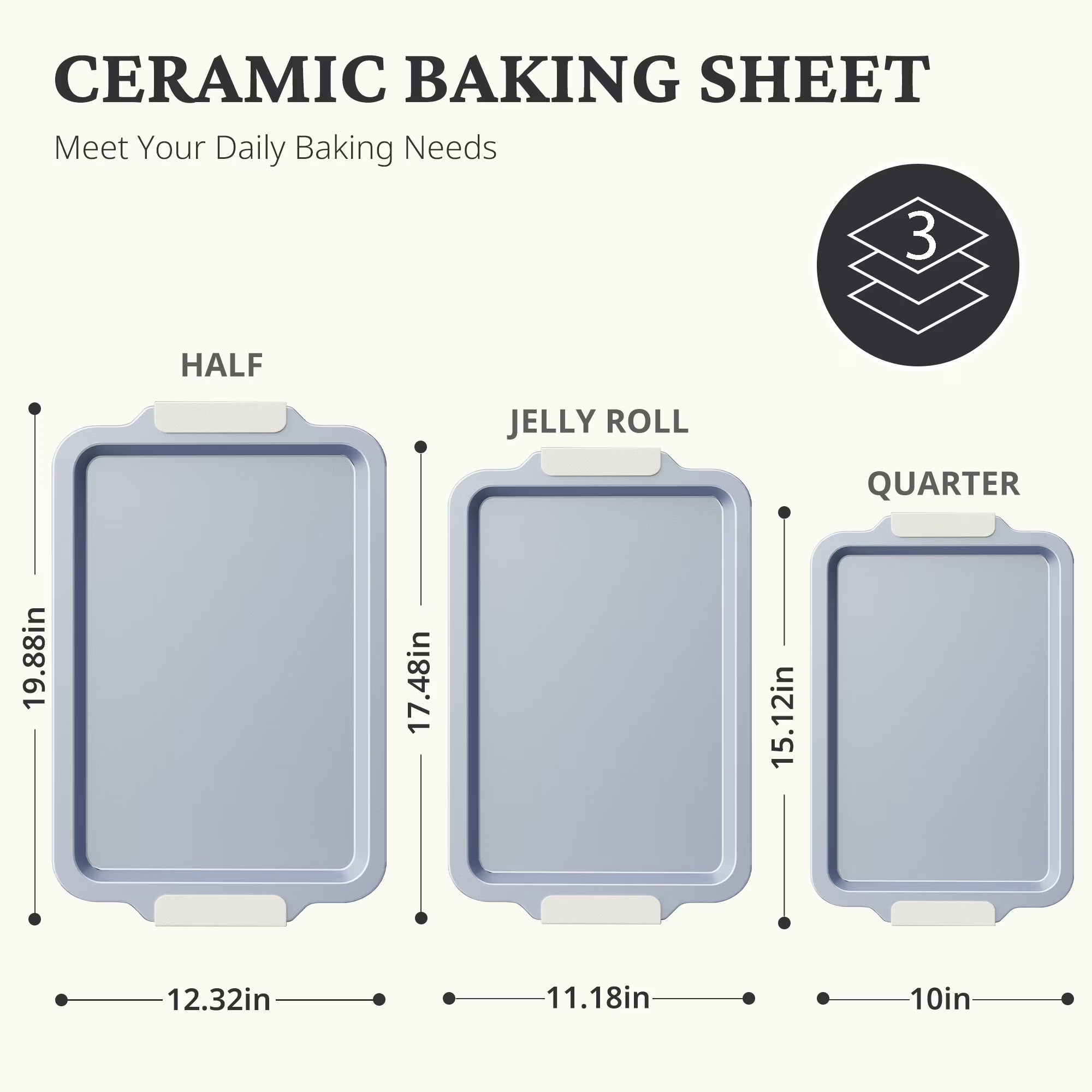 HONGBAKE Non Toxic Ceramic Cookie Sheets for Baking, 3-piece Non Stick Baking Sheet Pans for Oven, Heavy Duty Aluminized Steel Baking Pans Set with Silicone Handles -Cream