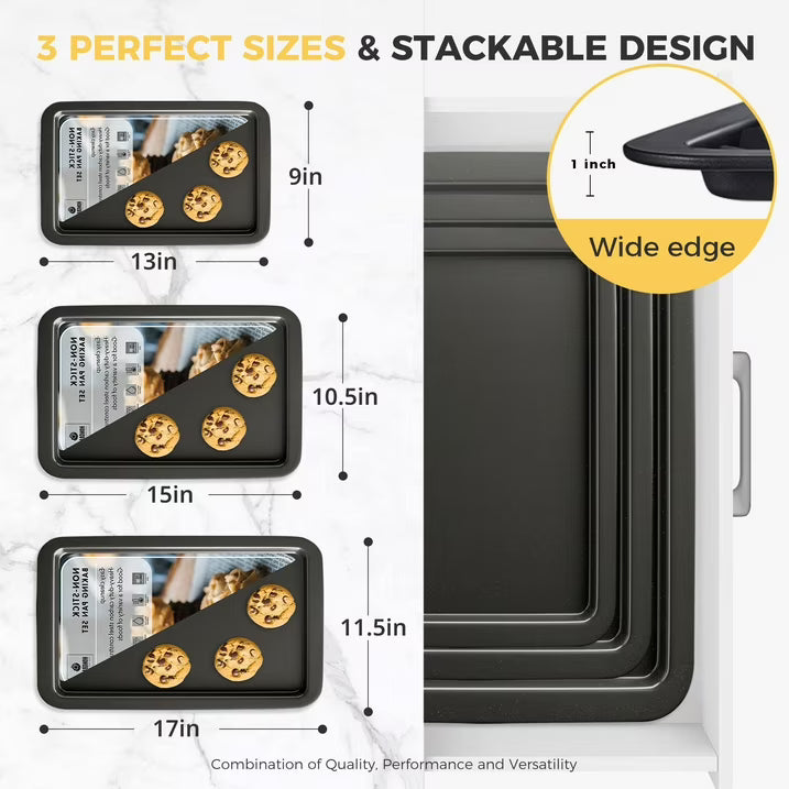 HONGBAKE Baking Sheet Pan, Cookie Sheet Pans for Baking, Cookie Sheets Nonstick Sets, Baking Trays for Oven, Baking Sheets for Oven with Wider Grips, Dishwasher Safe (3 Pack), Grey