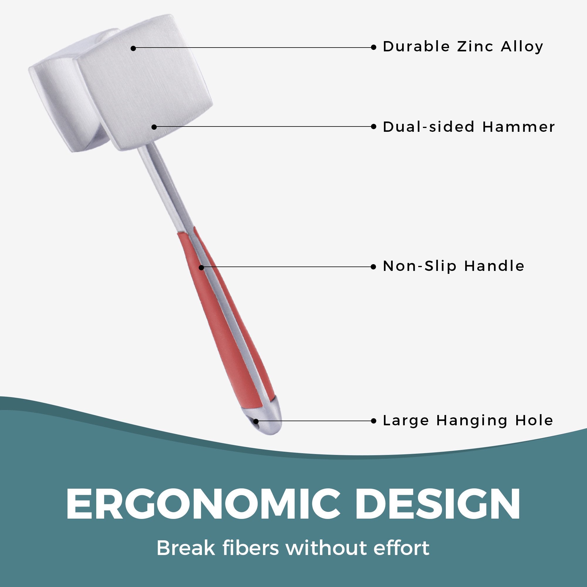 KITEXPERT Meat Tenderizer Hammer with Comfortable-Grip Handle, Dual-side Mallet for Kitchen, Heavy Duty Pounder For Tenderizing Steak, Beef and Fish, Red
