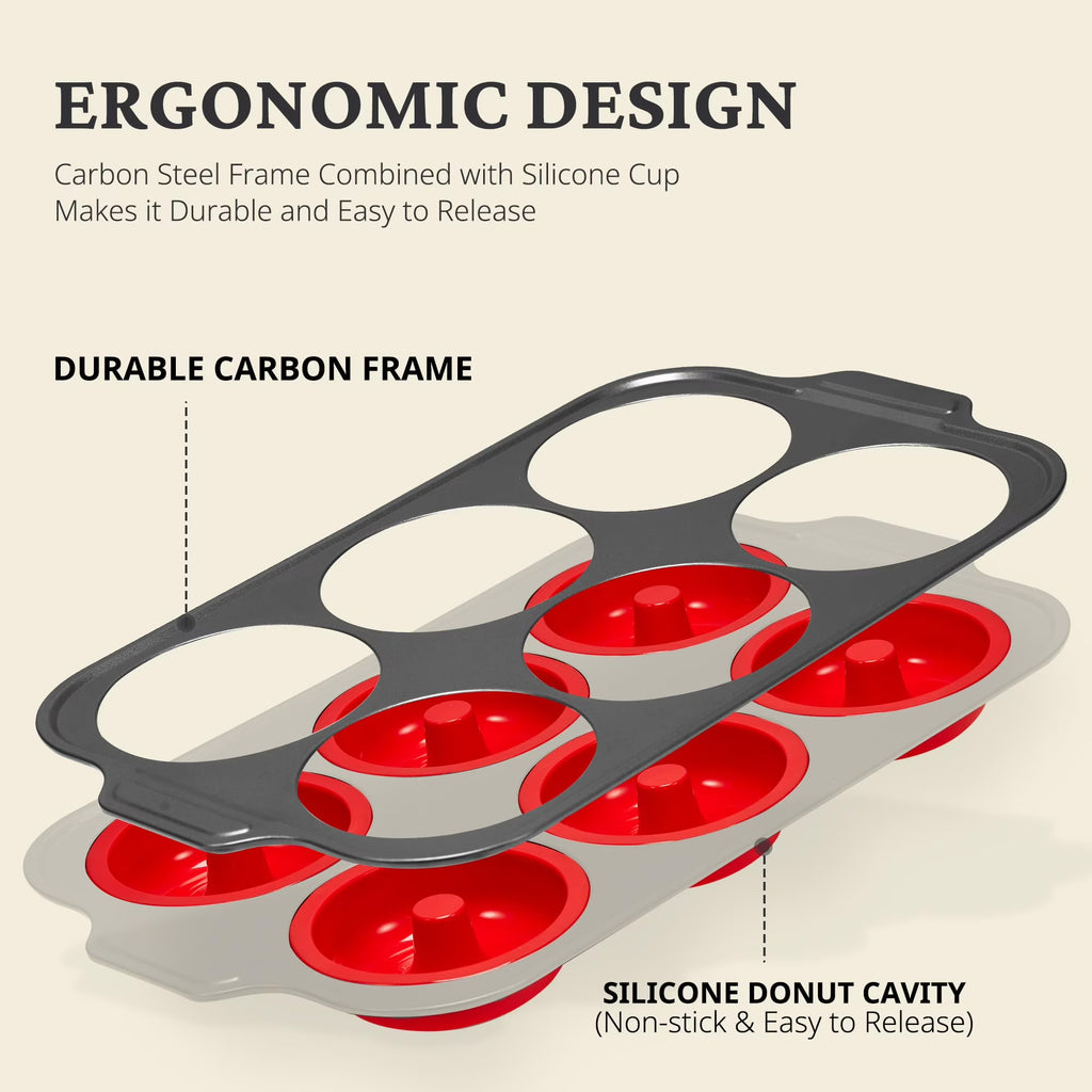 HONGBAKE Silicone Donut Pan for Baking with Metal Frame, 3.35 Inch Large doughnut pan,donut molds for baking Nonstick Non Toxic Bakeware for Oven, Red