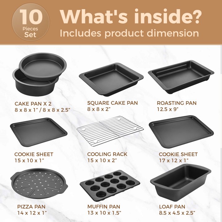 HONGBAKE Bakeware Sets, Baking Pans Set, Nonstick Oven Pan for Kitchen with Wider Grips, 10 Pieces Including Rack, Cookie Sheet, Cake Pans, Loaf Pan, Muffin Pan, Pizza Pan - Grey