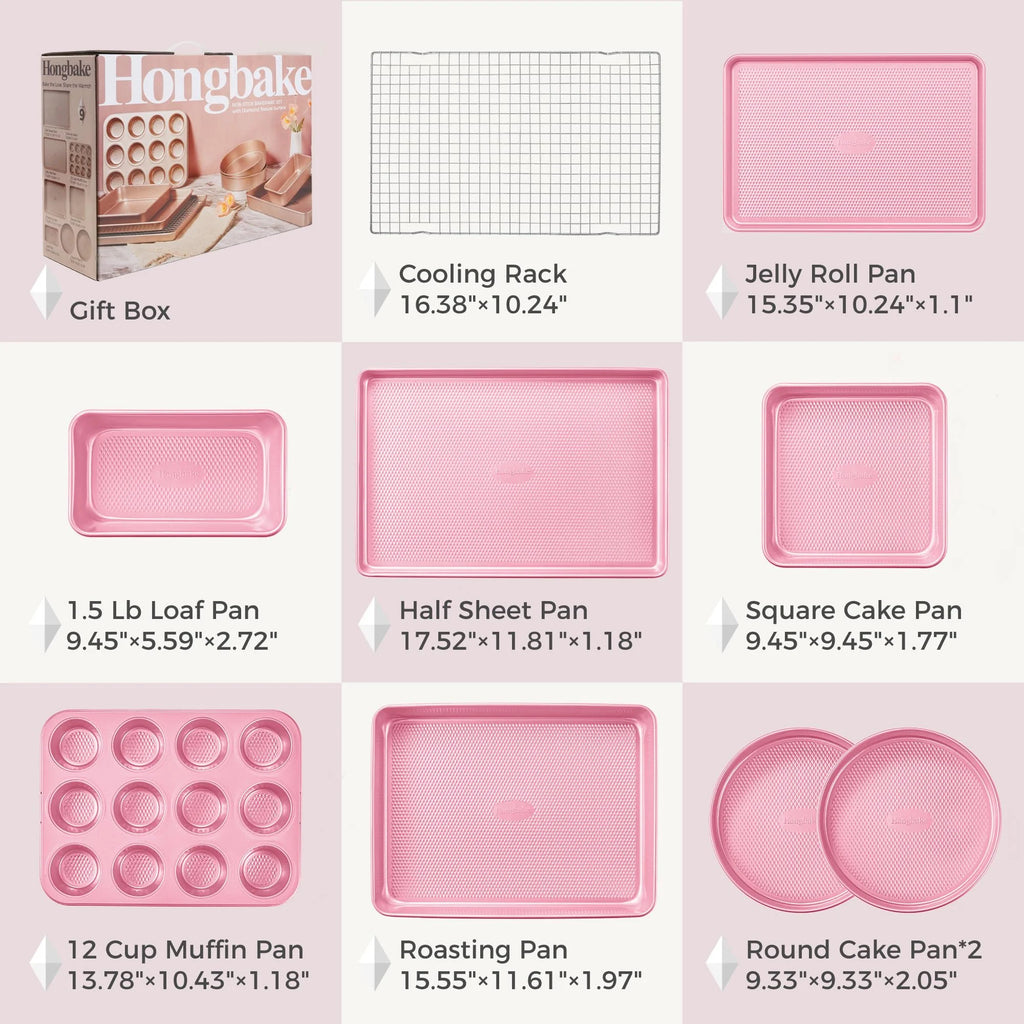 HONGBAKE 9-Piece Baking Pans Set Nonstick, Stackable Non Toxic Bakeware Sets with Diamond Texture, Oven Pan Set for Cooking, Includes Cookie Sheet with Rack, Cake Pan, Roasting Pan, Muffin Pan, Pink