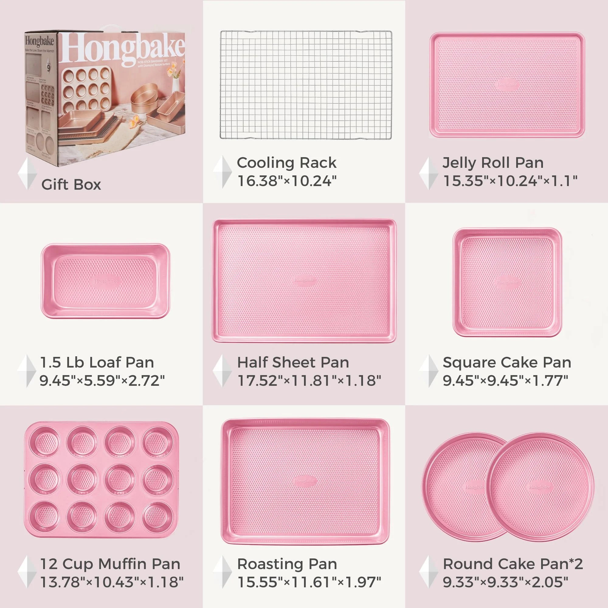 HONGBAKE 9-Piece Baking Pans Set Nonstick, Stackable Non Toxic Bakeware Sets with Diamond Texture, Oven Pan Set for Cooking, Includes Cookie Sheet with Rack, Cake Pan, Roasting Pan, Muffin Pan, Pink