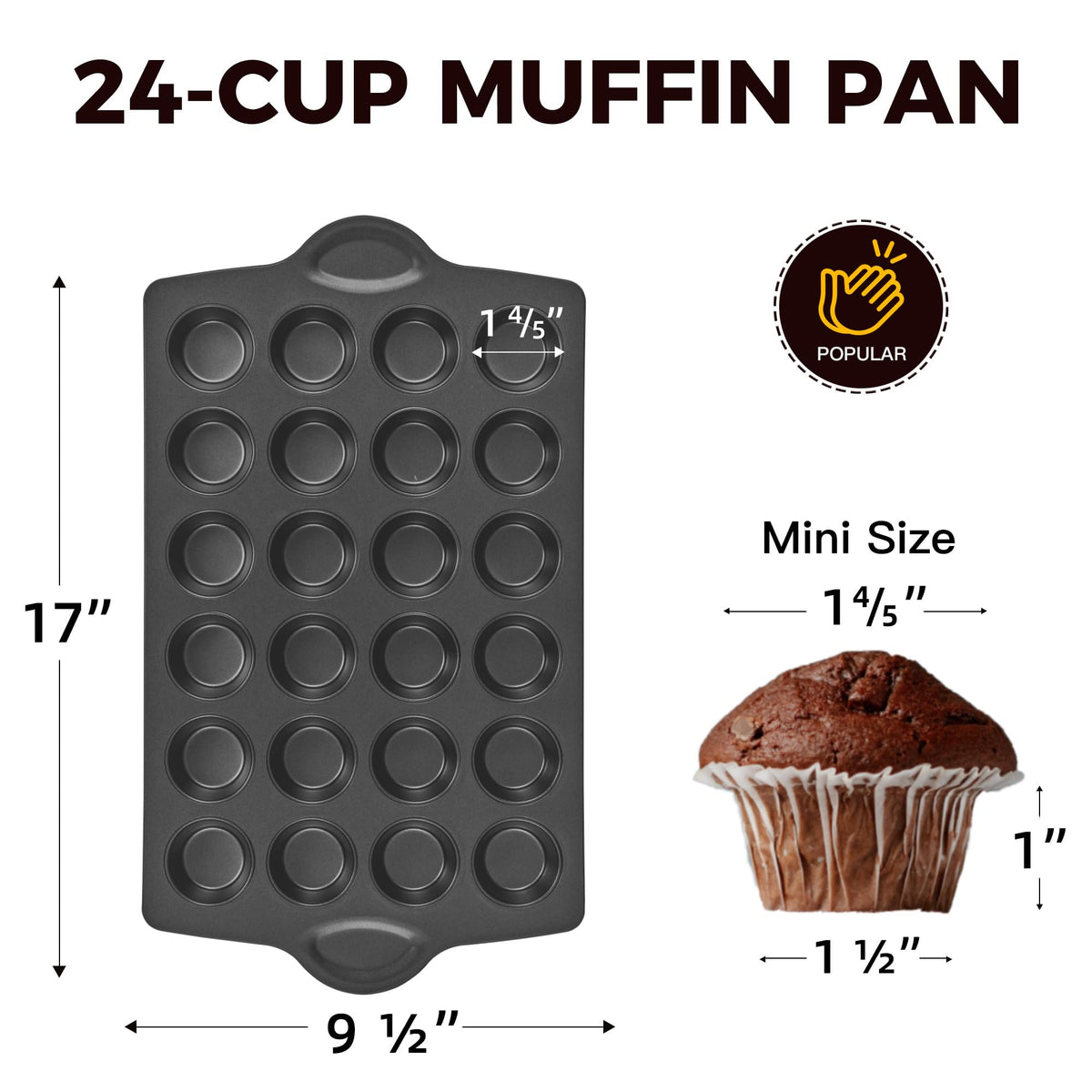 HONGBAKE Mini Muffin Pan Nonstick 24, Cupcake Tin for Baking, Commercial Small Cup Cake Tray for Cheesecake, 1.8dia, Heavy-duty, Gray