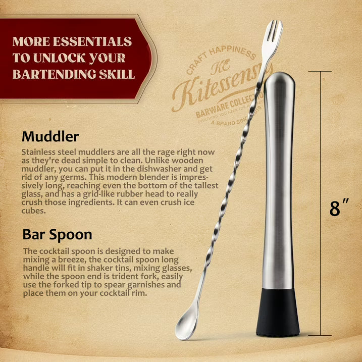 KITESSENSU Muddler and Bar Spoon, 8 Inch Stainless Steel Muddler for Cocktails, Mojitos