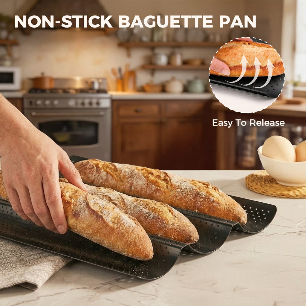 KITESSENSU Nonstick Baguette Pans for Baking, Perforated 3 Loaves French Bread Pan, Heavy Duty Baguette Baking Pans, Non Toxic Stainless Steel Baguette Tray for Oven, 15" x 9", Black