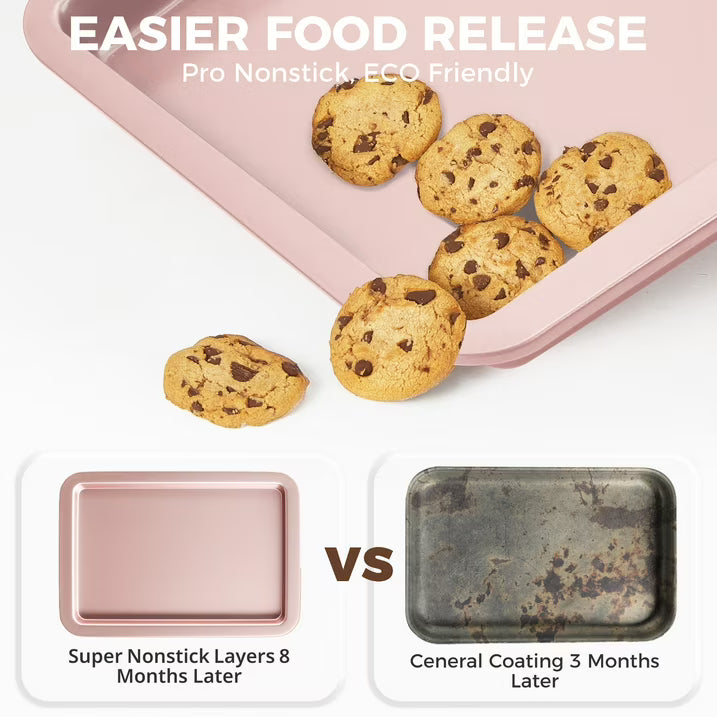HONGBAKE Baking Sheet Pan, Cookie Sheet Pans for Baking, Cookie Sheets Nonstick Sets, Baking Trays for Oven, Baking Sheets for Oven with Wider Grips, Dishwasher Safe (3 Pack), Pink