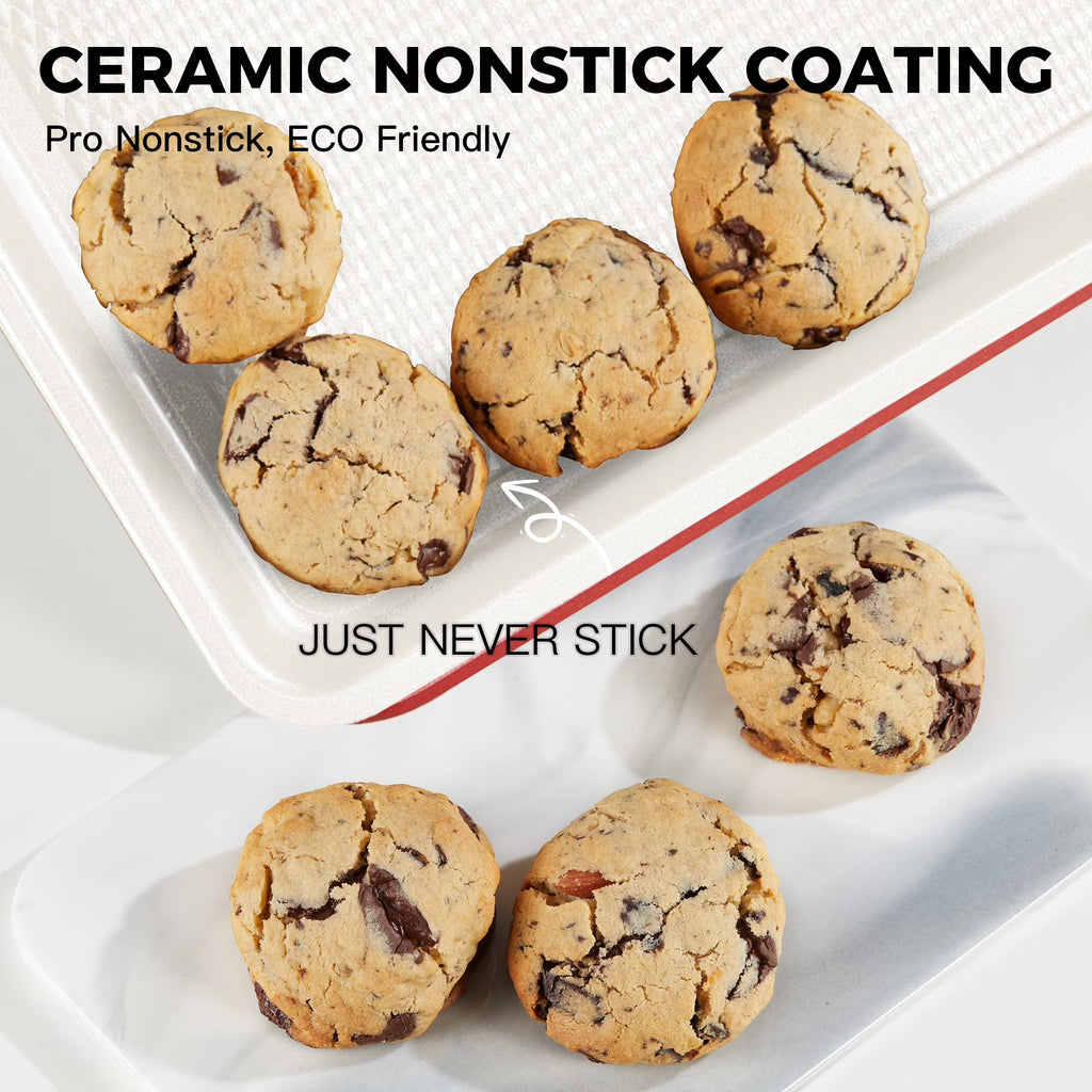 HONGBAKE Ceramic Cookie Sheets Nonstick Sets, Non-Toxic Baking Pan, Cookie Sheets for Baking with Diamond Texture Pattern, 0.8mm Aluminized Stee Baking Sheet Pans for oven, Ceramic Cream & Red