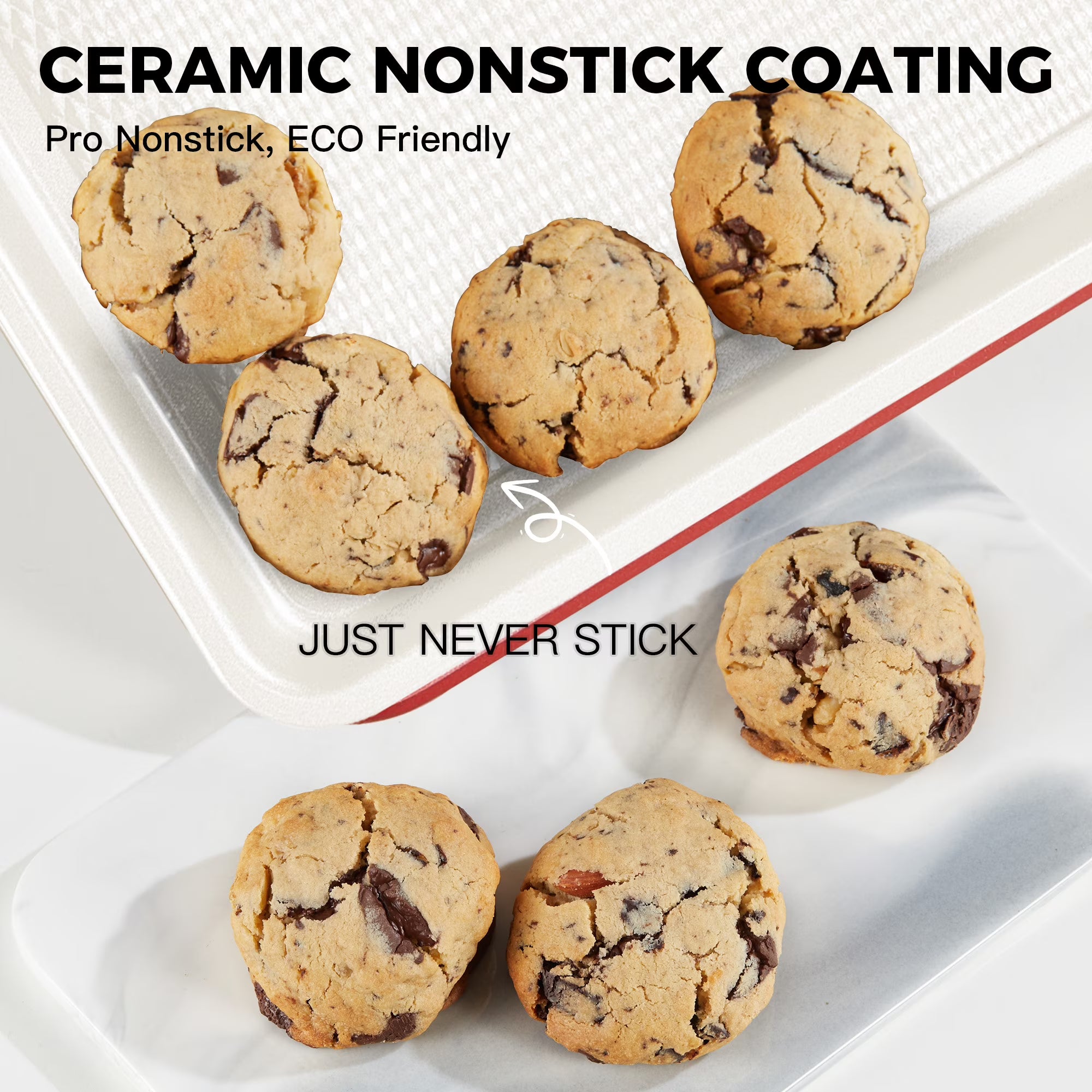 HONGBAKE Ceramic Cookie Sheets Nonstick Sets, Non-Toxic Baking Pan, Cookie Sheets for Baking with Diamond Texture Pattern, 0.8mm Aluminized Stee Baking Sheet Pans for oven, Ceramic Cream & Red