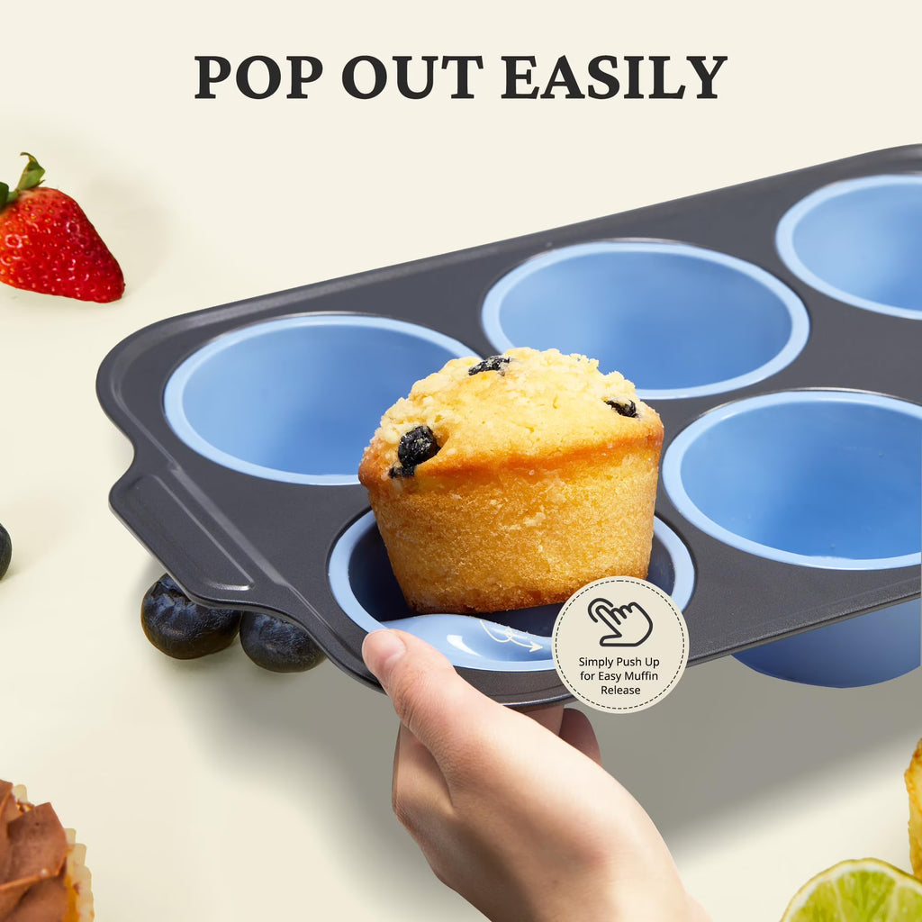 HONGBAKE Silicone Muffin Pan with Metal Frame, Jumbo 3.5 Inch Muffin Tin for Cupcakes, Egg Bites & Muffins, Nonstick, Blue
