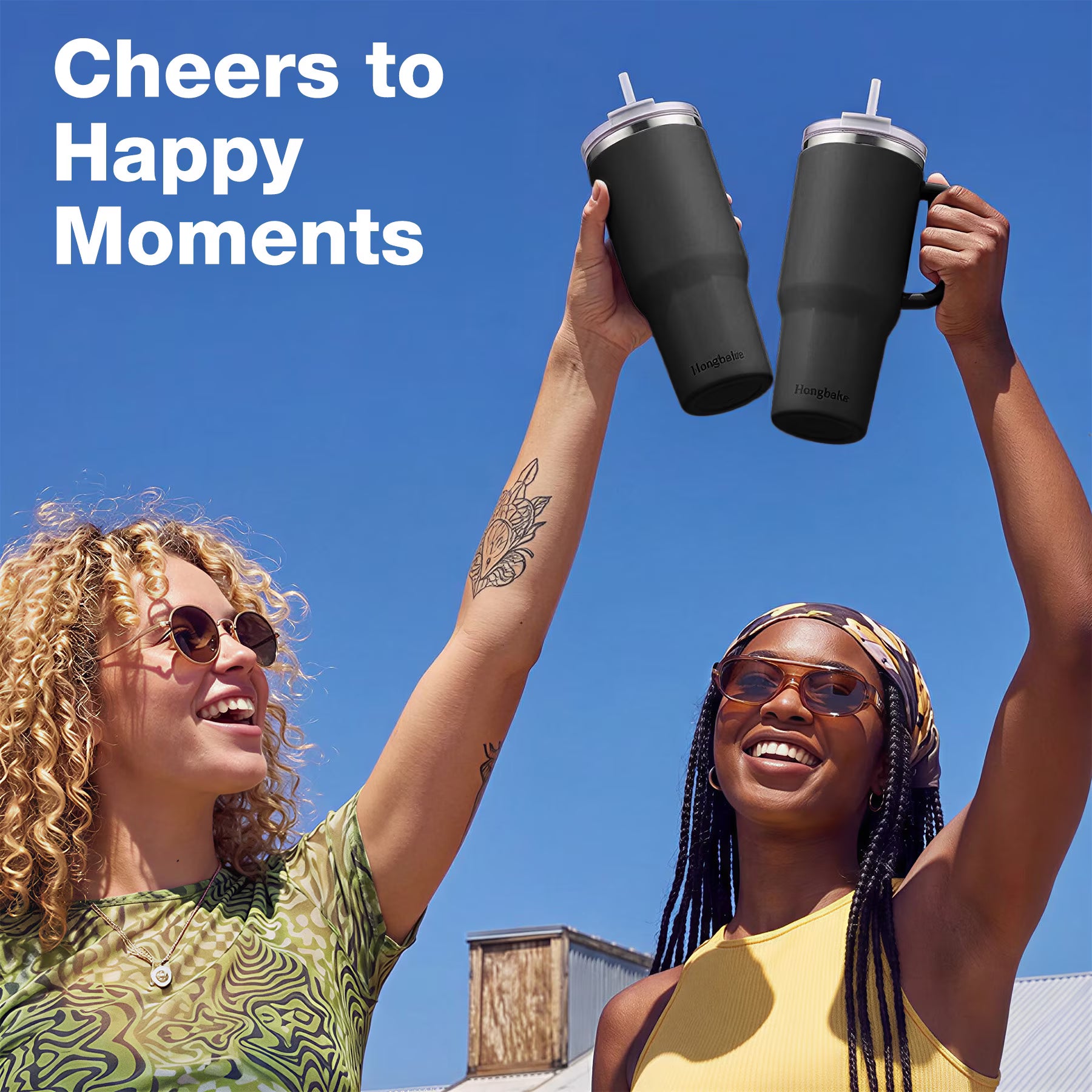 HONGBAKE 40oz Stainless Steel Tumbler with Handle & Straw Lid, Vacuum Insulated Tumbler, Black