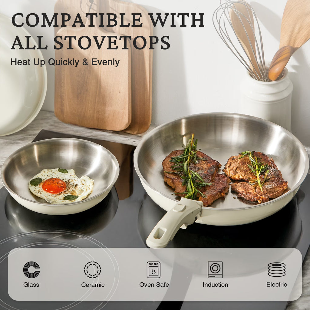 Kitexpert Stainless Steel Frying Pan Set, 8" 10" 12" Nonstick Skillet Pans with Removable Handle, Tri-Ply Cookware, Dishwasher & Oven Safe, Induction Compatible, Beige