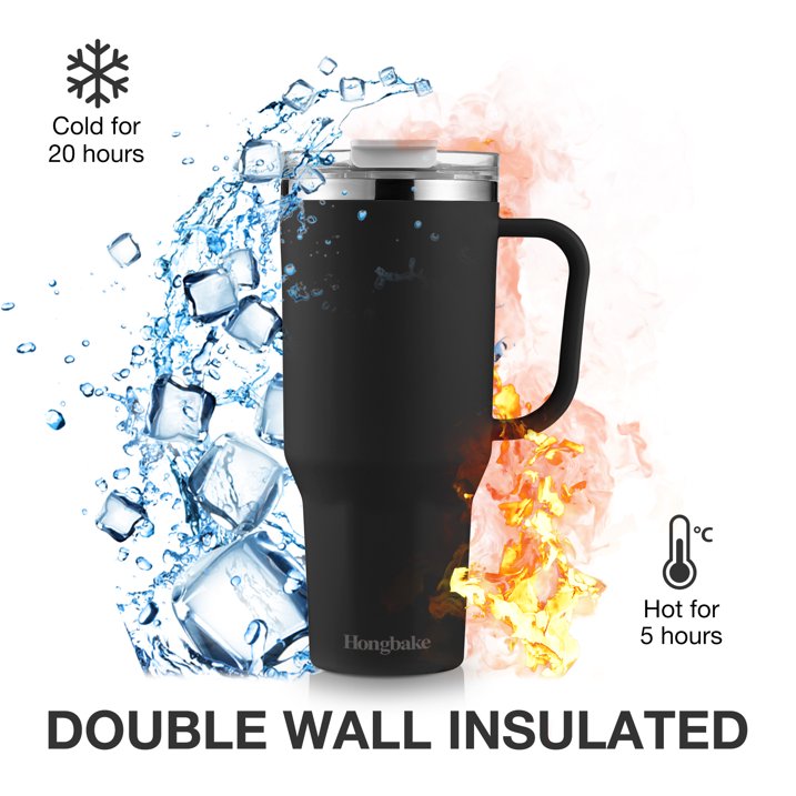 HONGBAKE 40oz Stainless Steel Tumbler with Handle & Straw Lid, Vacuum Insulated Tumbler, Black