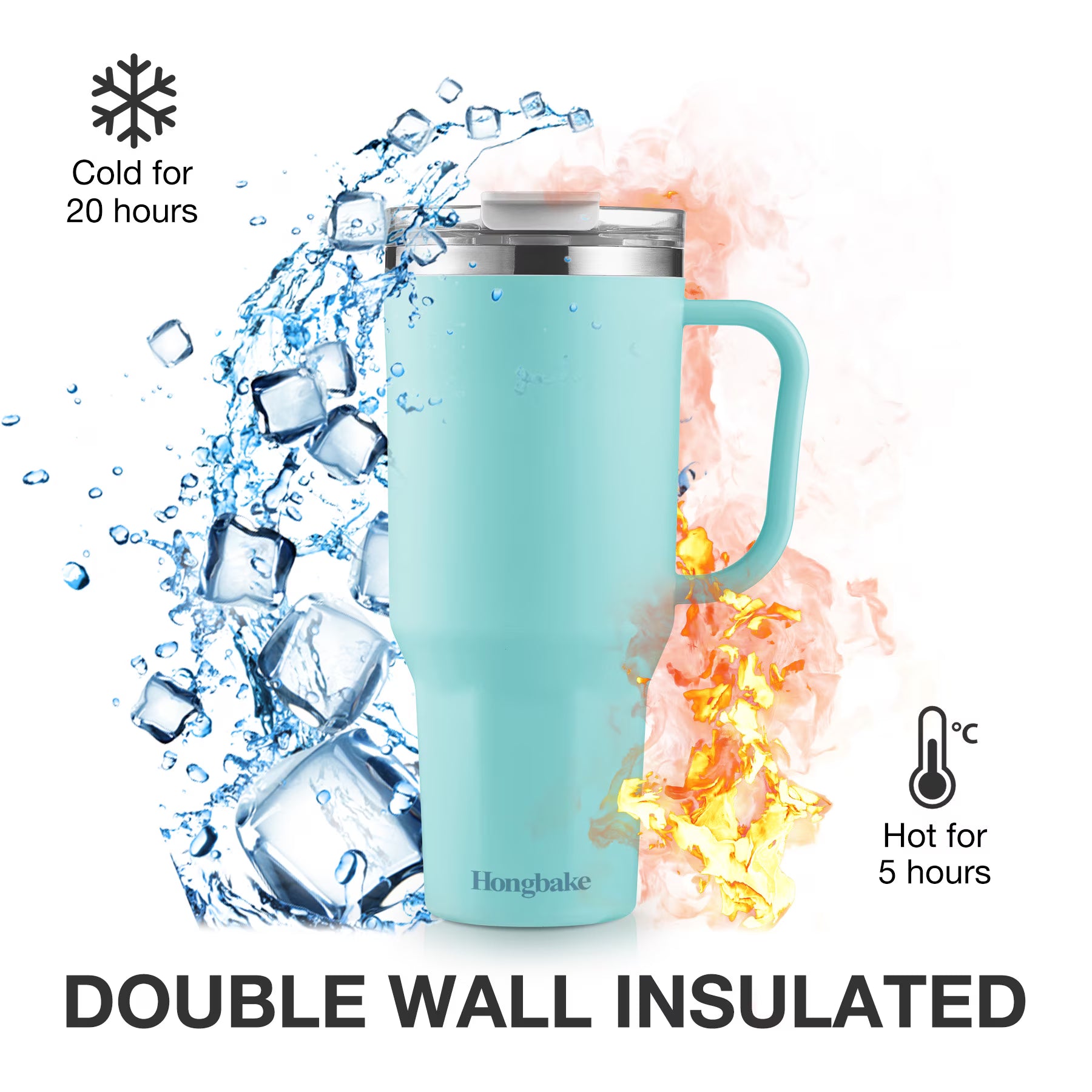 HONGBAKE 40oz Stainless Steel Tumbler with Handle & Straw Lid, Vacuum Insulated Tumbler, Mint Green