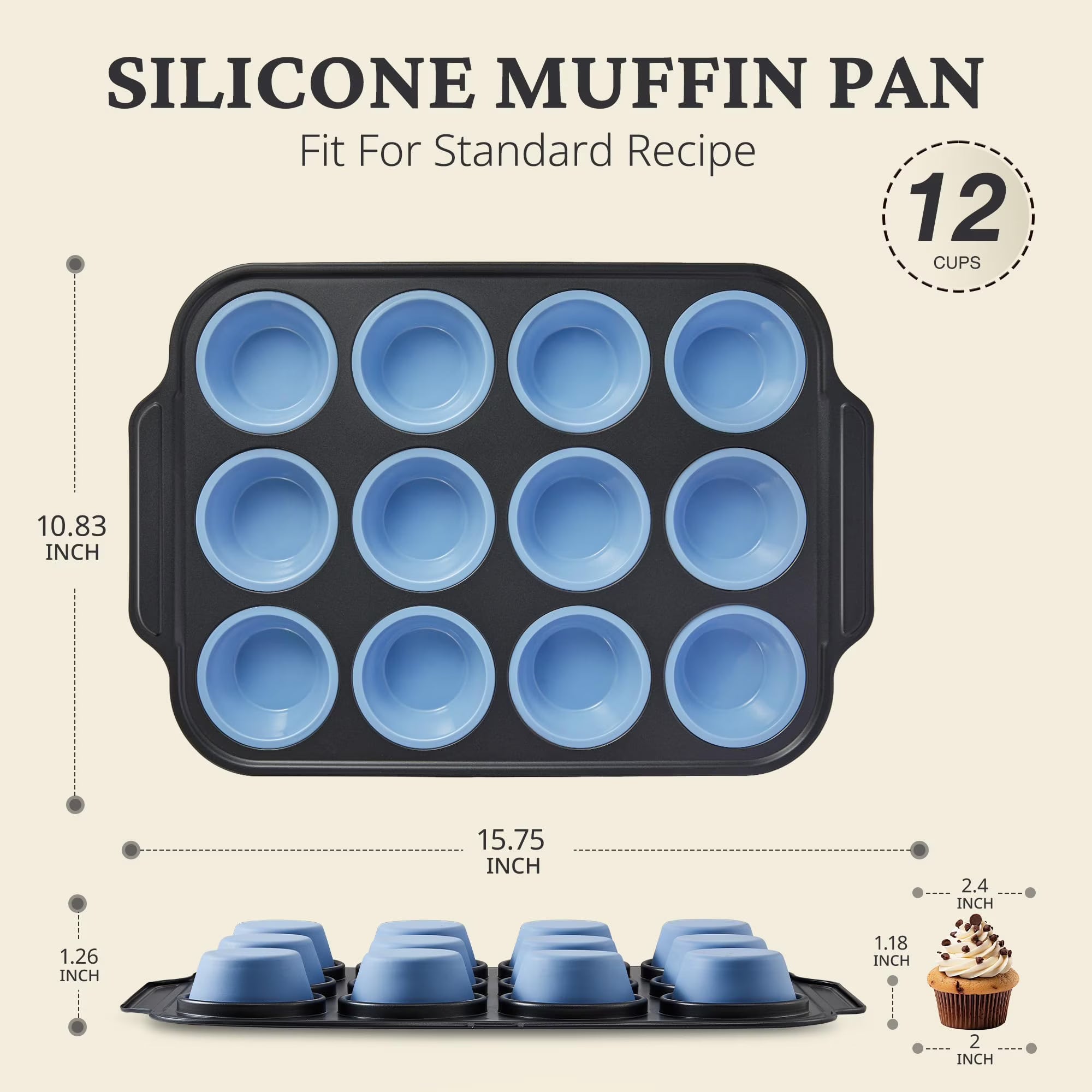 HONGBAKE Silicone Muffin Pan with Metal Frame, 12 Cup Muffin Tin for Cupcakes & Egg Bites, Nonstick Non-Toxic Bakeware, Blue