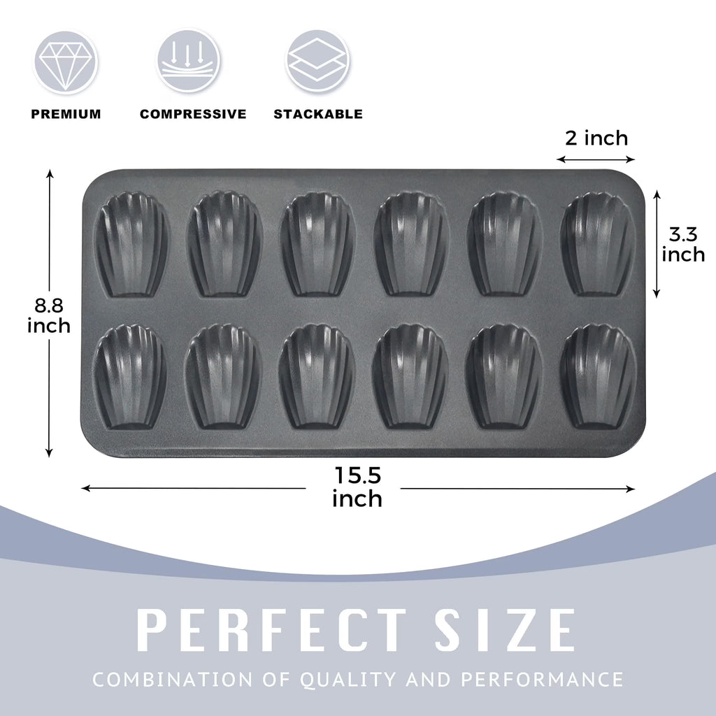 HONGBAKE Nonstick Madeleine Pan 2 Pack 12-Cavity Heavy Duty Madeleine Cookies Trays for Oven Baking, Cake Mold Warp Resistant Shell Shape Madeleine Mold Cake Pan, Space Grey