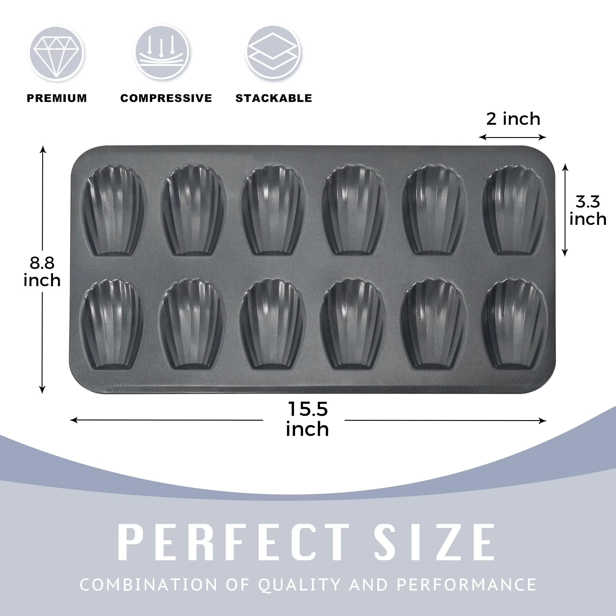 HONGBAKE Nonstick Madeleine Pan 2 Pack 12-Cavity Heavy Duty Madeleine Cookies Trays for Oven Baking, Cake Mold Warp Resistant Shell Shape Madeleine Mold Cake Pan, Space Grey