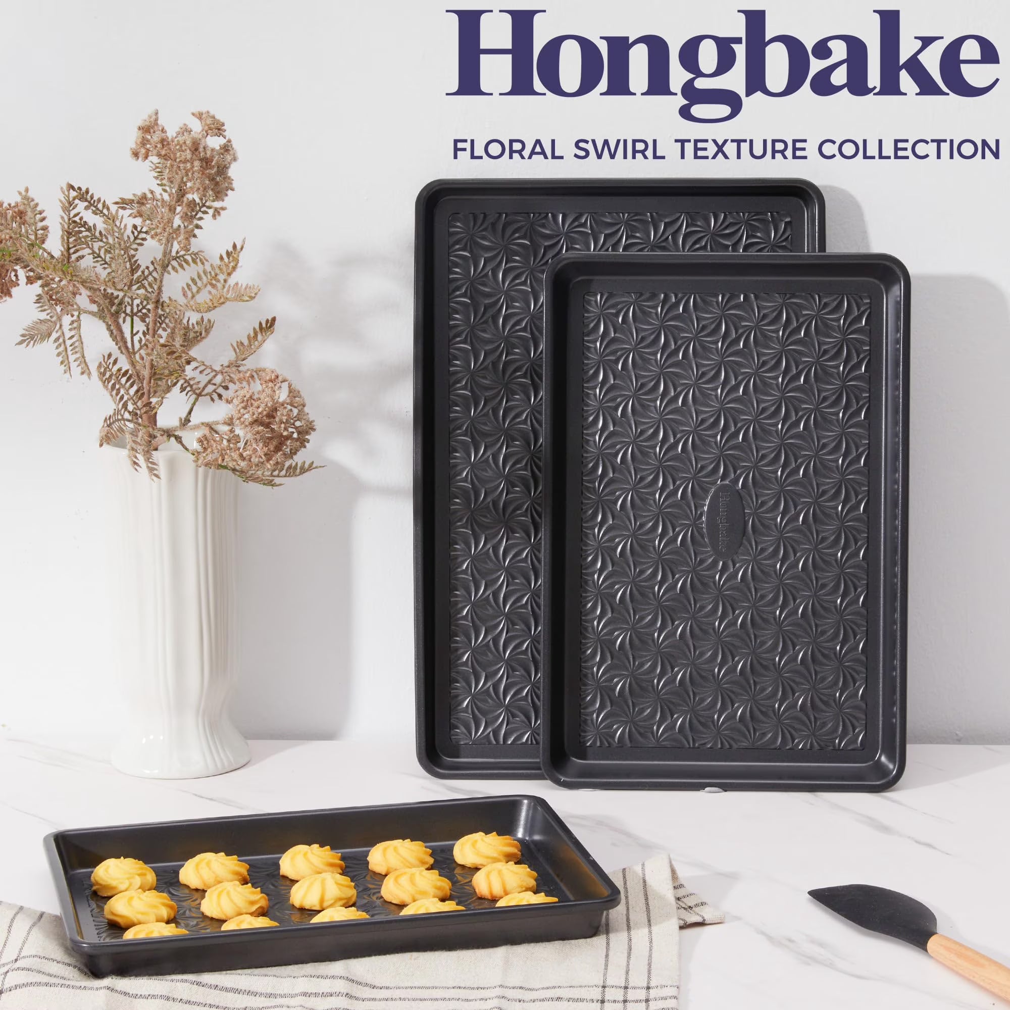 HONGBAKE Nonstick Baking Sheet Pan Set of 3, Cookie Sheets for Oven, Non-Toxic Half/Quarter/Jelly Roll Pans with Floral Swirl Texture, Heavy Duty 0.8mm Thick Oven Trays for Cooking, Dark Gray